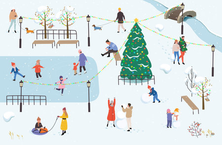 People walk in the park in winter. Winter outdoor activities. Men, women and children doing winter activities. Winter park with active people, which ice skating, playing snowballs, making snowmanのイラスト素材