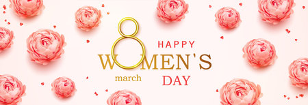 Happy Women's Day horizontal banner with calligraphy text and with pink peonies flowers background....
