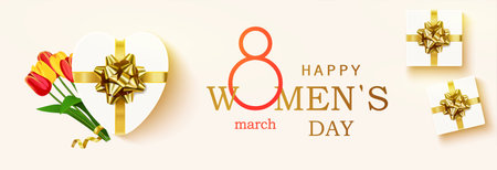 Happy Women's Day horizontal banner for the website. Postcard on March 8. Romantic background with realistic design elements, gift box, balloons in the shape of heart and bouquet tulips.のイラスト素材