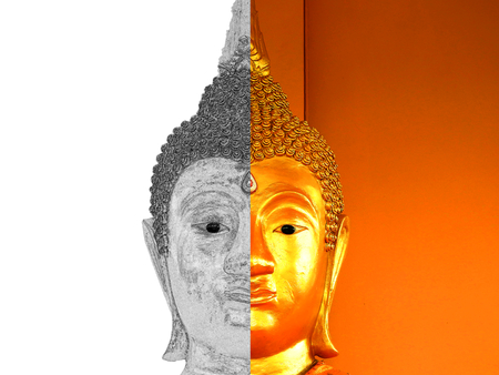 Buddha statue drawing half face closeup on white background.の写真素材