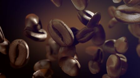 Coffee beans flying on a black backgroundの写真素材