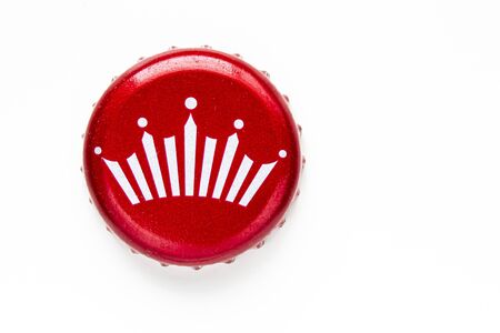 Calgary, Alberta, Canada. Feb 21 2020. Budweiser beer bottle cap close up on a white background.