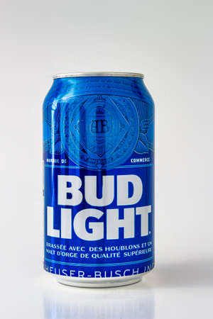 Calgary, Alberta, Canada. May 1, 2020. A beer can of bud light on a white backgroundのeditorial素材