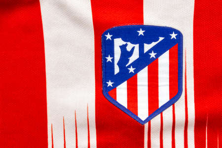 Calgary, Alberta, Canada. July 10, 2020. Club Atletico de Madrid vs Real Madrid close up to their jersey logoのeditorial素材
