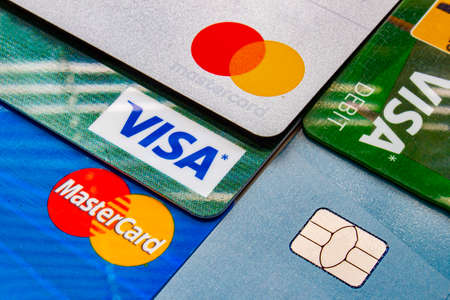 Calgary Alberta, Canada. July 25, 2020. A close up to popular credit cards logos.のeditorial素材