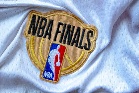Calgary, Alberta, Canada. July 21, 2020. NBA Finals Stamp logo on a white basket ball Jersey.