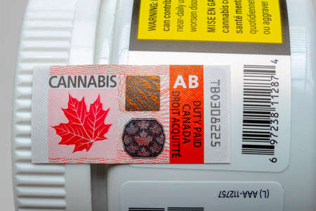 Calgary, Alberta, Canada. Sep 02, 2020. A macro close up of a Cannabis Excise Stamp on a cannabis...