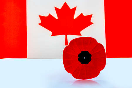 A remembrance day poppy flower with a Canadian Flag on the background.