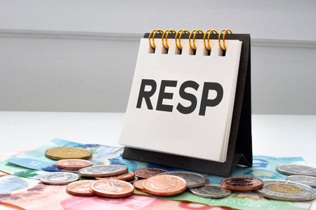 RESP letters on notebook with coins and bills on a clear backgroundの写真素材