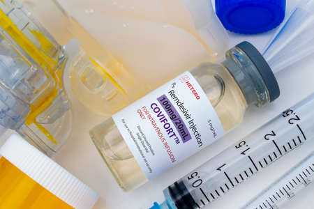 Calgary, Alberta, Canada. April 12, 2021. A vial bottle of Remdesivir medicine for Covid-19.のeditorial素材