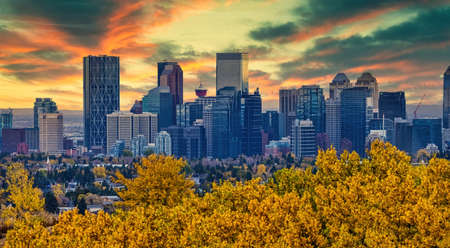 Calgary, Alberta, Canada. Oct 3, 2021. Calgary downtown skyline during the fallの写真素材