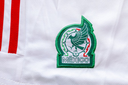 Calgary, Alberta, Canada. Aug 15, 2022. Close up to a white Mexican jersey national logos.のeditorial素材