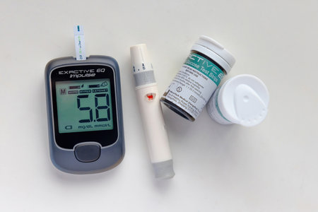 Calgary, Alberta. Canada. Sep 11, 2022. A Blood Glucose Monitor Meter, Diabetes Testing Kit Blood Sugar Tester Kit with Test Strips and Lancets by Exactive EQのeditorial素材