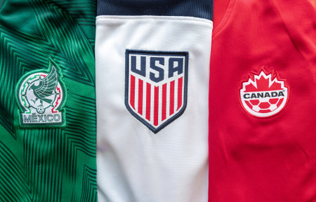 Calgary, Alberta. Canada. Sep 11, 2022. Mexican, American and Canadian Soccer football jersey. Concept: North America 2026 FIFA World.のeditorial素材