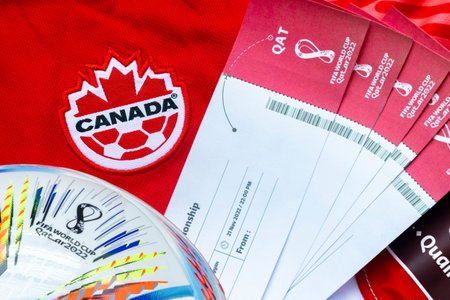 Calgary, Alberta, Canada. Oct 7, 2022. Some generic tickets for the Qatar World Cup on a Canadian Jersey. Concept: World Cup ticket winner.のeditorial素材