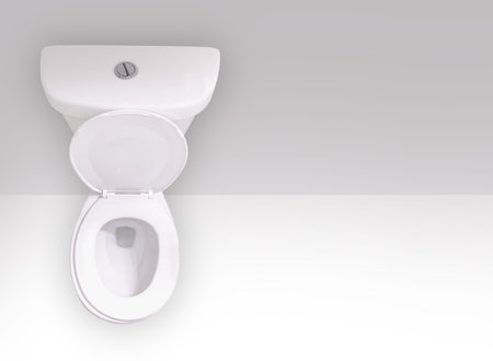 Top view of a Water-Saving Dual-Flush Toilet with two flush buttons or a two-stage lever. One setting is a normal 1.6-gallon flush and the other is a lighter .8- to 1.1-gallon of water.の写真素材