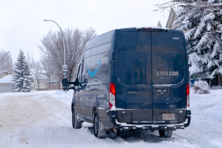 Calgary, Alberta, Canada Jan 29, 2023. An Amazon Prime delivery truck during winter.