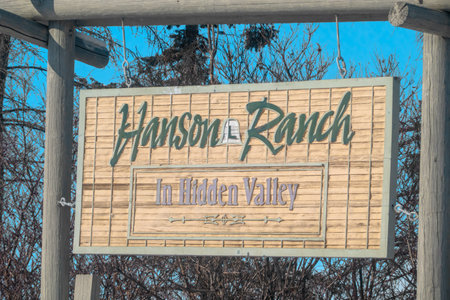 Calgary, Alberta, Canada. Feb 27, 2023. Hanson Ranch in Hidden Valley welcome entrance.のeditorial素材