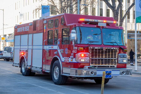 Edmonton, Alberta, Canada. Apr 04, 2023. Front view to a firefighter truck responding to an...