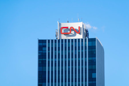Edmonton, Alberta, Canada. Apr 04, 2023. A CN Tower building sign. A Canadian National Railway Company building for offices.のeditorial素材