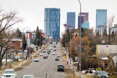 Calgary, Alberta, Canada. Apr 04, 2023. Calgary Downtown by central street during the day.のeditorial素材