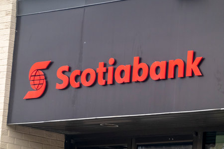 Calgary, Alberta, Canada. Apr 04, 2023. A Scotiabank sign on a location branch. The Bank of Nova Scotia, operating as Scotiabank.のeditorial素材