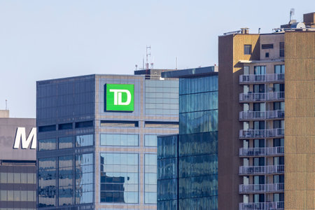 Edmonton, Alberta, Canada. Apr 20, 2023. A TD bank sign on a building.のeditorial素材