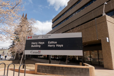 Calgary, Alberta, Canada. Apr 24, 2023. A Government of Canada building Harry Hays sign.