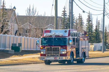 Calgary, Alberta, Canada. Apr 24, 2023. A fire engine, firefighter truck or fire truck, fire lorry