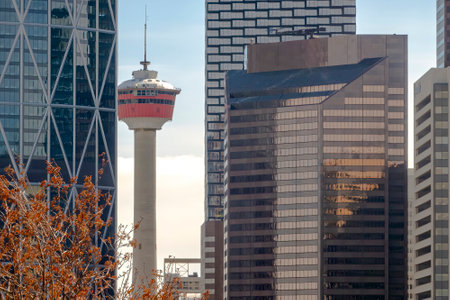 Calgary, Alberta, Canada. Apr 24, 2023. The Calgary Tower a 190.8-metre free standing observation tower in the downtown core of the City of Calgary.のeditorial素材