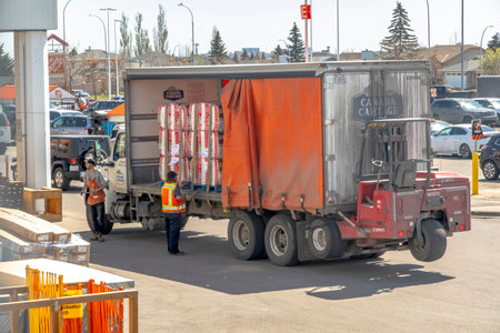 Calgary, Alberta. Canada. May 4, 2023. A Canada Cartage Delivery Service truck at a Home Depot...