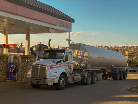 Calgary, Alberta. Canada. May 4, 2023. A refuel tank truck at a gas station.のeditorial素材