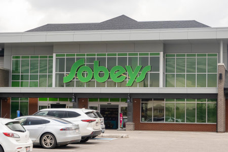 Calgary, Alberta, Canada. May 9, 2023. A Sobeys entrance, the second largest supermarket chain in...