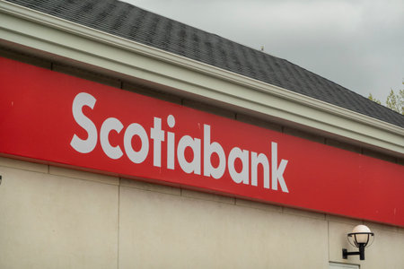 Calgary, Alberta, Canada. May 9, 2023. A Scotiabank location branch sign.のeditorial素材