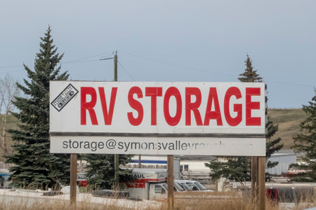 Calgary, Alberta, Canada. May 11, 2023. A RV storage facility sign.のeditorial素材