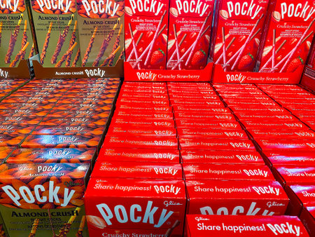 Calgary, Alberta, Canada. May 17, 2023. Several boxes of Pocky Almond crush favor and crunch strawberry.のeditorial素材