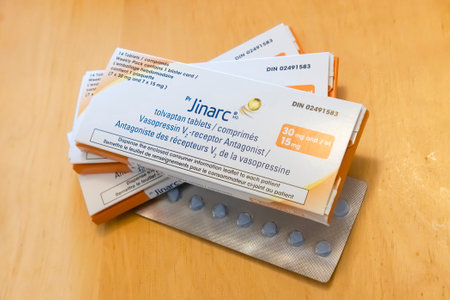 Calgary, AB, Canada. Jun 3, 2023.Top view of a few JINARC medicine pills boxes that contains the active ingredient tolvaptan.のeditorial素材