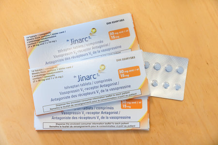 Calgary, AB, Canada. Jun 3, 2023. Top view of several JINARC medicine pills boxes that contains the active ingredient tolvaptan.のeditorial素材