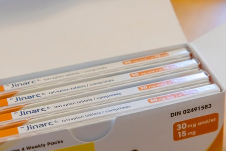 Calgary, AB, Canada. Jun 3, 2023. An open box with four JINARC medicine pills boxes that contains the active ingredient tolvaptan.のeditorial素材