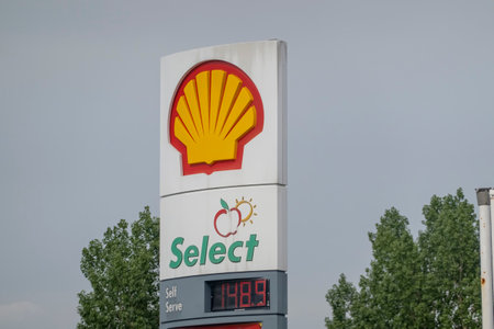 Calgary, Alberta, Canada. Jun 4, 2023. A close up to a Shell logo sign at a gas station and convenient store selectのeditorial素材