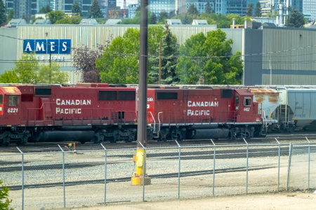 Calgary, Alberta, Canada. Jun 29, 2023. A close up to a Canadian Pacific engine railway.のeditorial素材