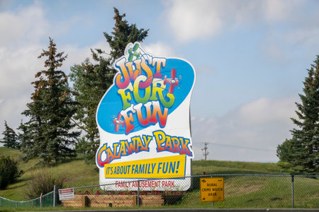 Calgary, Alberta, Canada. July 28, 2023. A Calaway Park entrance sign an amusement park and campground in Springbank, Alberta.のeditorial素材