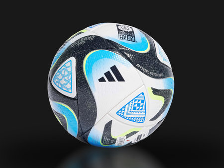 New South Wales, Australia. July 24, 2023. An official match ball FIFA Women's World Cup 2023 on a black background.のeditorial素材