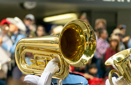 A marching band instrument at a public parade in summer. A person playing tuba, part of a marching band.のeditorial素材