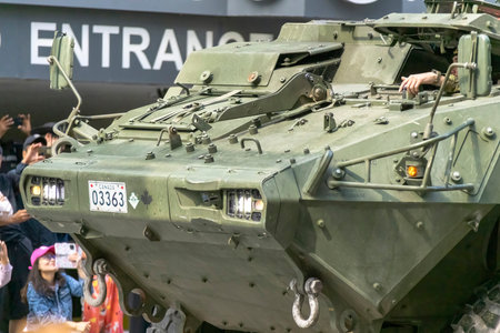 Calgary, Alberta, Canada. July 10, 2023. A front view to a Canadian Armed Force armoured main battle tank.のeditorial素材