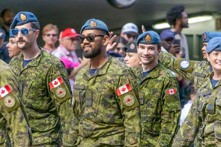 Calgary, Alberta, Canada. July 7, 2023. Several Canadian Armed Forces soldiers marching at a public festival parade.のeditorial素材