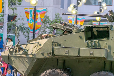Calgary, Alberta, Canada. July 7, 2023. A close up to a Canadian Armed Force armoured main battle tank with a soldier in at a public festival parade.のeditorial素材