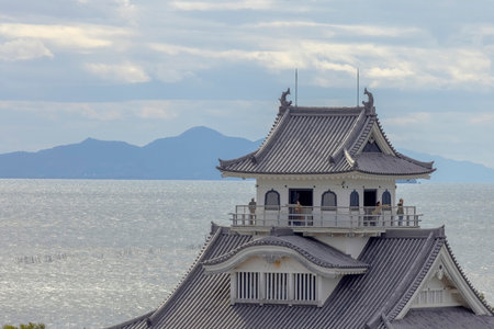 Nagahama, Shiga Prefecture, Japan. Nov 21, 2023. A close-up of Nagahama Castle from an elevated perspective, against the serene backdrop of Lake Biwaのeditorial素材