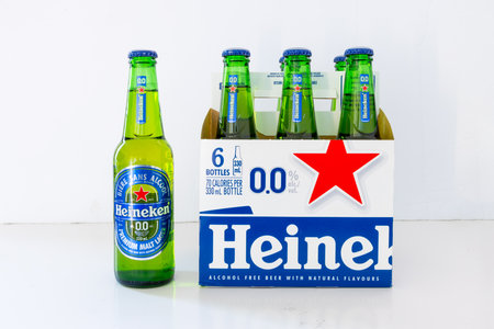 Calgary, Alberta, Canada. May 31, 2024. A six pack of Heineken 0.0% alcohol free malt beverage beer.のeditorial素材