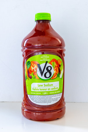 Calgary, Alberta, Canada. Jun 3, 2024. A vertical view of a bottle of V8 Low Sodium Vegetable...